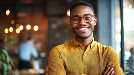 Fototapeta premium A young man in a yellow shirt with glasses, standing in a coffee shop with a blurred background of other customers.