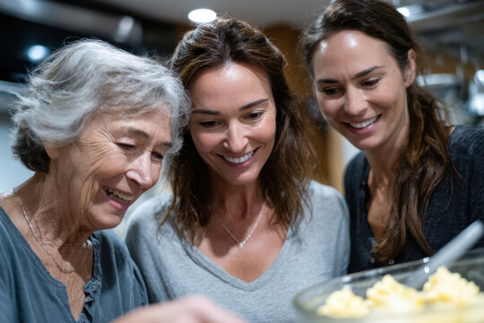 A lovely scene of three women enjoying quality time in the kitchen, showcasing the joy and connection of family bonding through cooking and shared moments together.
