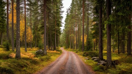 Obraz premium A serene gravel pathway winds through lush green pine trees with scattered yellow-leaved plants,