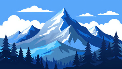 illustration Stylized of majestic snow-covered mountains with pine trees in the foreground and soft clouds above