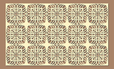 Intricate geometric pattern laser cut panel with repeating square motifs and swirling decorative elements, a detailed ornamental design vector