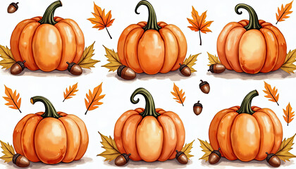 Cozy fall design featuring stacked pumpkins surrounded by vibrant leaves and berries, perfect for Thanksgiving and holiday projects.
