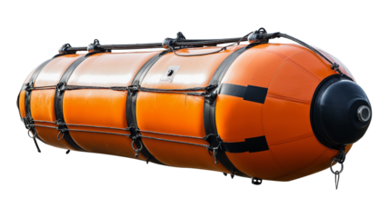 A professional diving decompression buoy, fully inflated and ready for underwater