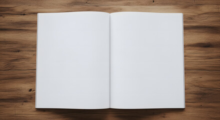 An open book with blank white pages lies flat on a dark wooden surface, viewed from above.