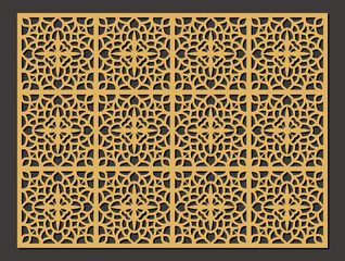 Intricate golden floral pattern laser cut screen, decorative panel with repeating geometric motif, suitable for architectural applications vector