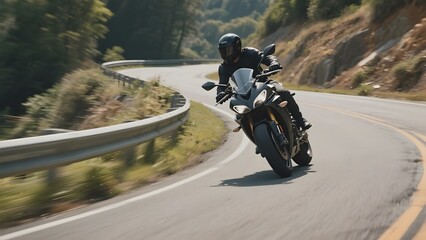 Motorcyclist navigating a winding road through a forested area