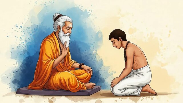 A watercolor illustration showing an ancient Hindu guru, like the revered sage Agastya, imparting wisdom to a devoted young disciple in a gurukul.