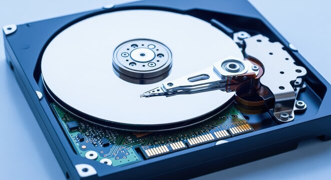 Internal Hard Disk Drive Component Showing Actuator Arm and Platter for Data Storage - Powered by Adobe