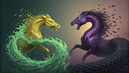 Obraz premium Epic battle of two mythical elemental horse beasts, a yellow water kirin versus a purple earth serpent horse.