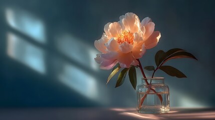 Peony in glass vase with sunlight