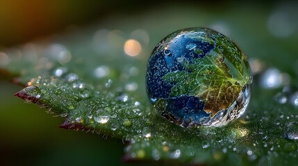 Water drop on leaf with earth reflection