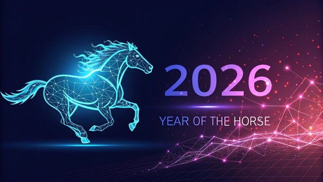 Futuristic banner for the Year of the Horse 2026 with a glowing polygonal horse and abstract network. - Powered by Adobe