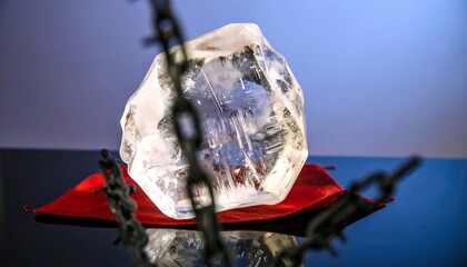 Obraz premium Clear crystal specimen on a red cloth, with chains in the background.