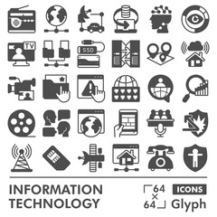 Info tech symbols collection or sketches, technology data theme with glyph style signs for web and app. Vector graphics isolated on white background.