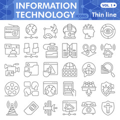Info tech symbols collection or sketches, technology data theme with thin line style signs for web and app. Vector graphics isolated on white background.