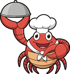 Cartoon crab wearing white chef's hat and neckerchief, holding silver cloche in one claw, smiling with wide eyes