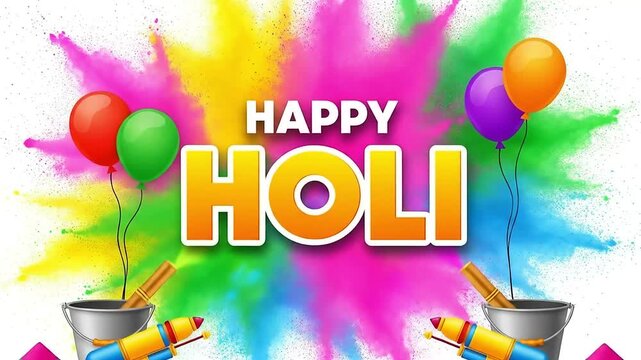 Happy Holi festival celebration greeting card with colorful powder background. Abstract illustration with vibrant color explosion, balloons, and water guns for a festive event.