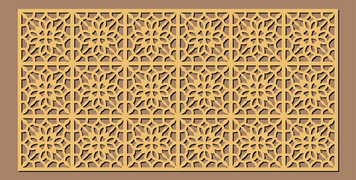 Geometric pattern panel with intricate floral motifs, laser cut design, suitable for architectural screens, decorative elements, and interior design applications vector design