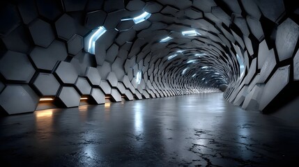 Futuristic tunnel with hexagonal walls