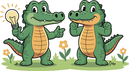 Fototapeta premium Cartoon crocodiles on grass, green skin, yellow bellies, light bulb, pointing gesture, fist pose, flowers, friendly expressions, playful scene