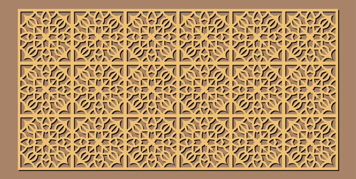 Intricate geometric laser cut pattern with repeating floral motifs, a decorative panel for architectural applications, cnc cutting, and interior design vector design
