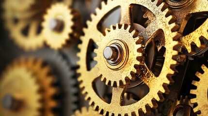 A close-up of a golden clock mechanism with gears and screws, set against a dark background.