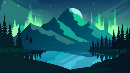 Vector illustration art of the northern lights reflecting in a still mountain lake, silhouette pine trees in foreground
