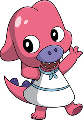 Cartoon dinosaur or dragon character, pink body, purple snout, large expressive eyes, white apron with blue ribbon, standing on one foot, waving arm, cheerful expression, open mouth with small teeth