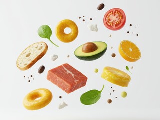 Assorted food items including meat, bread, fruits, and pastries dynamically float against a clean white background