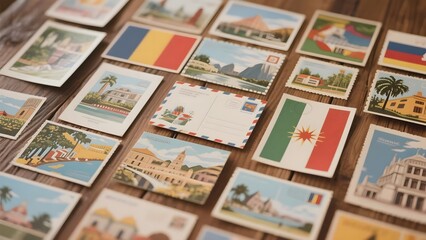 Collection of postcards featuring various flags and landmarks on a wooden surface