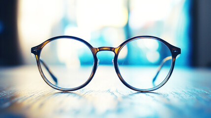 A pair of round, tortoiseshell-framed glasses with clear lenses on a wooden table with a blurred background.
