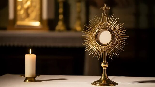 A golden monstrance displaying the Holy Eucharist on a church altar for perpetual adoration. A single lit candle flickers, creating a solemn and contemplative atmosphere for worship.