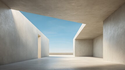 Minimalist Architecture with Natural Light: Modern Concrete Interior Featuring Geometric Skylight and Clear Sky Views