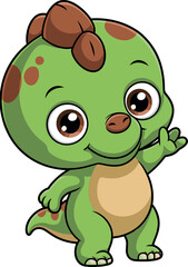 Cartoon dinosaur waving, green body, brown spots, beige belly, expressive eyes, friendly smile, upright pose, kids illustration, fun character, playful design