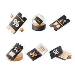 3D Discount Coupons and Vouchers Set Black and Gold Sale Ticket Icons Collection