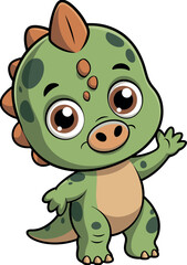 Cartoon dinosaur waving, green body, dark spots, beige belly, orange spikes, brown eyes, friendly smile, kids illustration, fun character, playful design