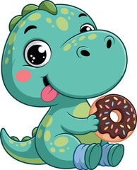 Cartoon dinosaur with chocolate donut, cute green dino sitting with blue shoes, playful snack moment illustration, happy character design, concept