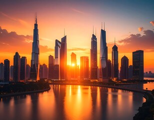 Obraz premium City skyline at sunrise over a body of water