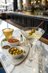 Elegant Martini with Olives on Marble Bar Counter