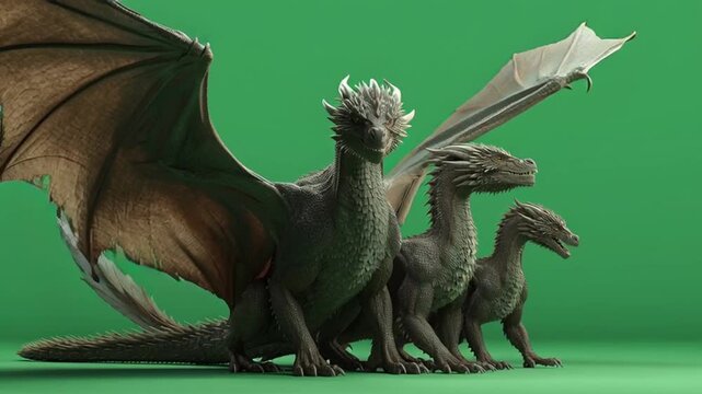 Three dragons of varying sizes standing in a row against a solid green background studio shot green screen animal video