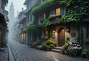 Fototapeta premium Elegant ivy-covered townhouse with balcony and blooming flowers on a quiet cobblestone street