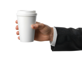 Businessman's hand in a suit holding a white disposable coffee cup. Isolated on transparent background, png