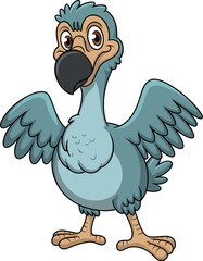 Cartoon dodo bird with blue feathers, large black beak, expressive eyes, wings spread, standing pose © Rifat Creatives
