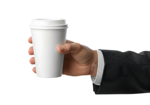 Businessman's hand in a suit holding a white disposable coffee cup. Isolated on transparent background, png