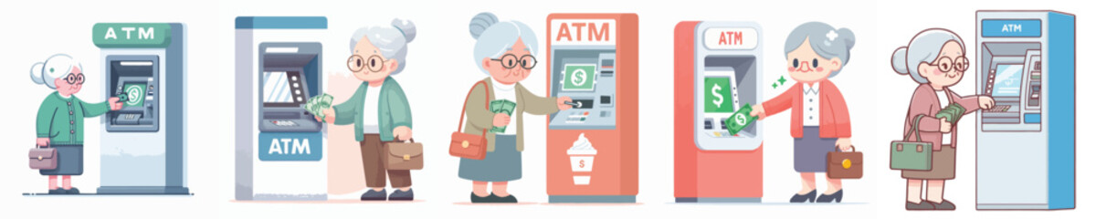 vector of grandmother taking money from atm