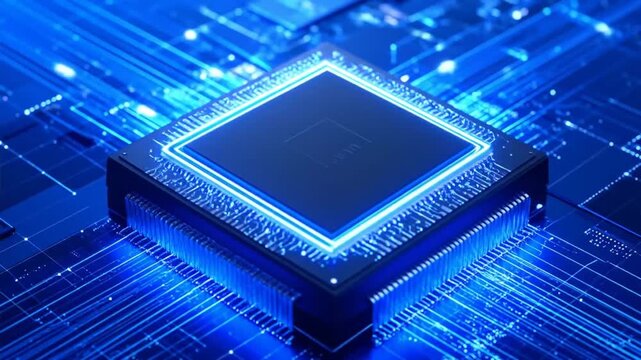 Technological advancement illustrated through detailed microprocessor animation with circuit boards