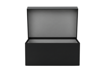 Open empty black gift box with a lid, luxury packaging mockup front view. Isolated on transparent background, png