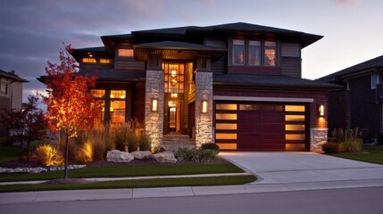 Elegant two story contemporary house at dusk with warm interior lights illuminating through large windows,