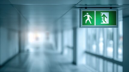 Emergency Exit Sign Guiding Evacuation in Modern Office Building with Blurred Background