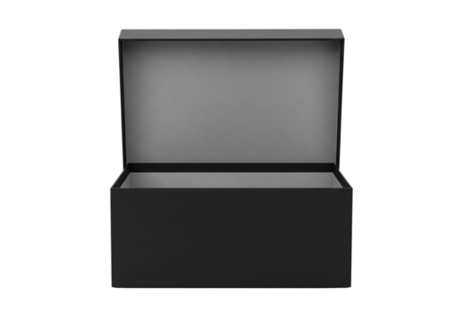 Open empty black gift box with a lid, luxury packaging mockup front view. Isolated on transparent background, png